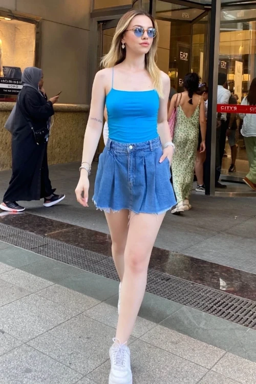 Kadın Mavi İp Askılı Örme Body Bluz HZL24S-ZK11001