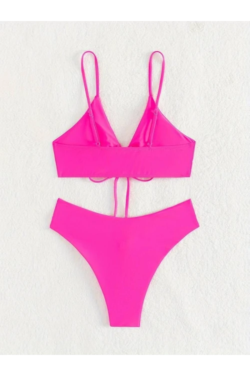 Kadın Neon Pembe İp Detaylı Astarlı V Kesim Üçgen Bikini Takım HZL24S-LC2234