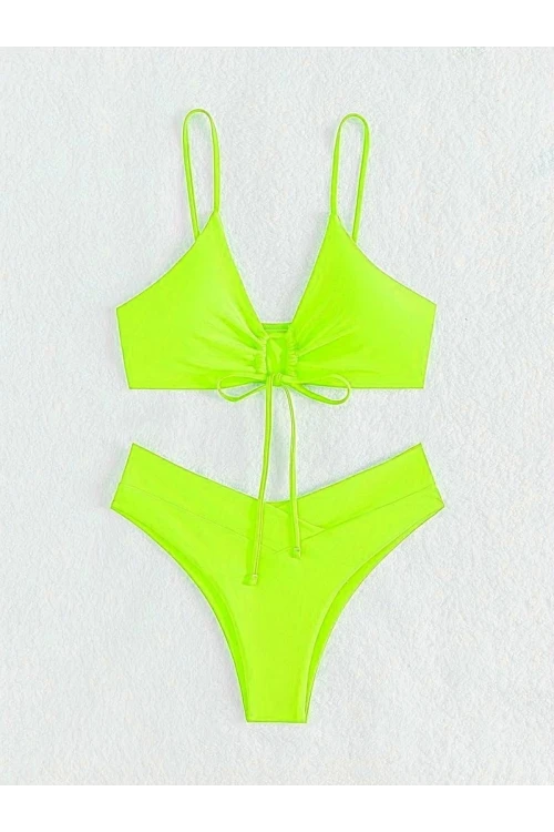 Kadın Neon Yeşil İp Detaylı Astarlı V Kesim Üçgen Bikini Takım HZL24S-LC2234