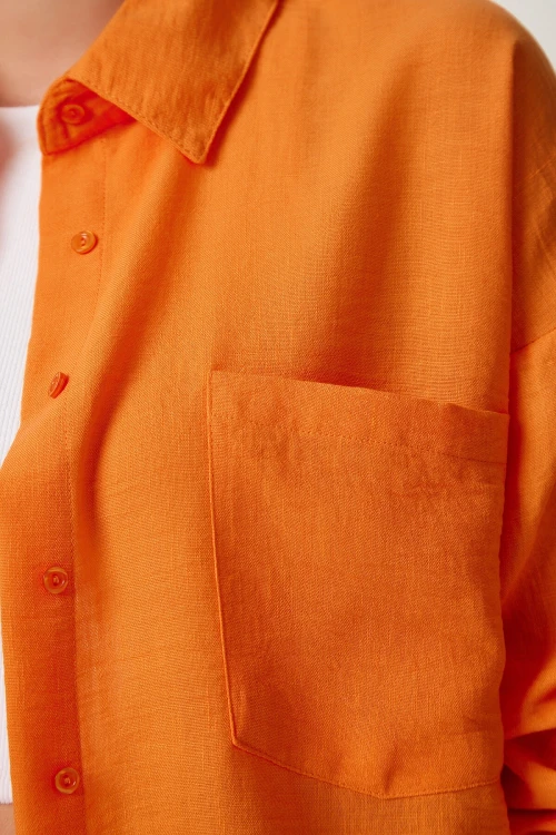Kadın Oranj Tek Cepli Oversize Keten Ayrobin Gömlek HZL24S-BD1201531