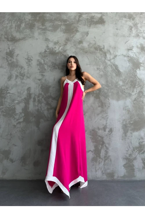 Kadın Pembe Beyaz Detaylı Asimetrik Kesim V Yaka Ayarlanabilir İp Askılı Elbise HZL24S-MJ113041