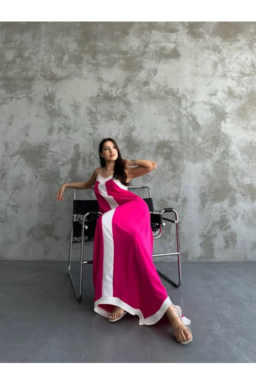 Kadın Pembe Beyaz Detaylı Asimetrik Kesim V Yaka Ayarlanabilir İp Askılı Elbise HZL24S-MJ113041