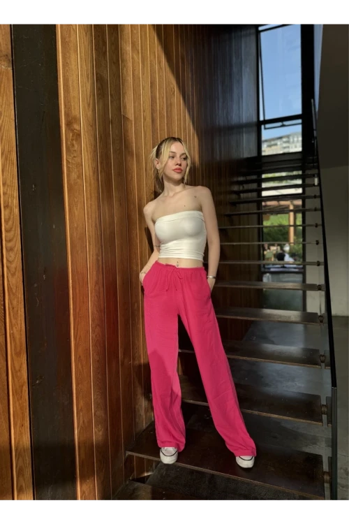Kadın Pembe Cepli Beli Lastikli Bol Paça Keten Pantolon HZL24S-ZK11051