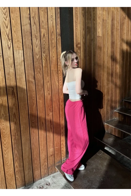 Kadın Pembe Cepli Beli Lastikli Bol Paça Keten Pantolon HZL24S-ZK11051