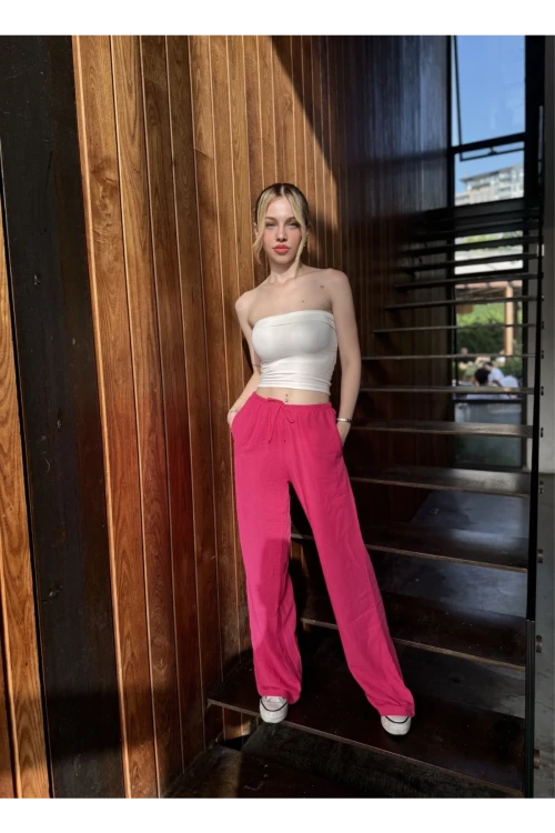 Kadın Pembe Cepli Beli Lastikli Bol Paça Keten Pantolon HZL24S-ZK11051