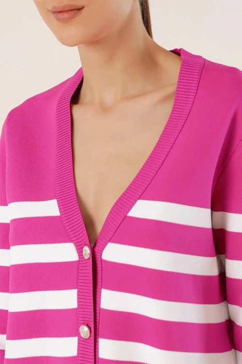 Kadın Pembe Çizgili V yaka Rahat Kesim Triko Hırka HZL25W-BD1102151