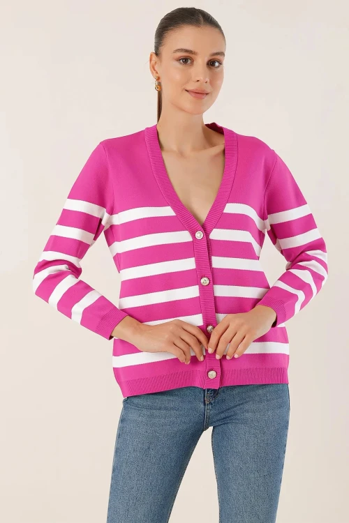 Kadın Pembe Çizgili V yaka Rahat Kesim Triko Hırka HZL25W-BD1102151