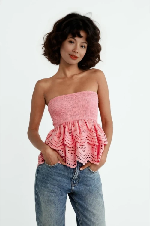 Kadın Pembe Gipeli İşlemeli Bluz ve Etek Model HZL24S-ZK11111