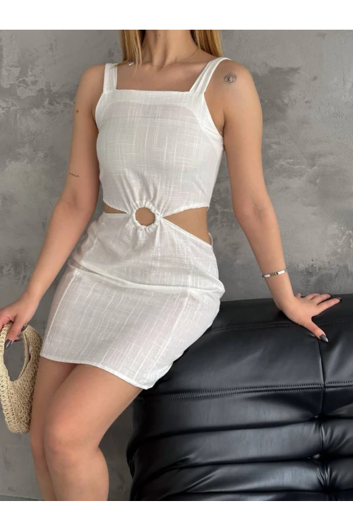 Kadın Beyaz Halkalı Bel  Detaylı Mini Boy İthal Keten Elbise HZL24S-FRY121871