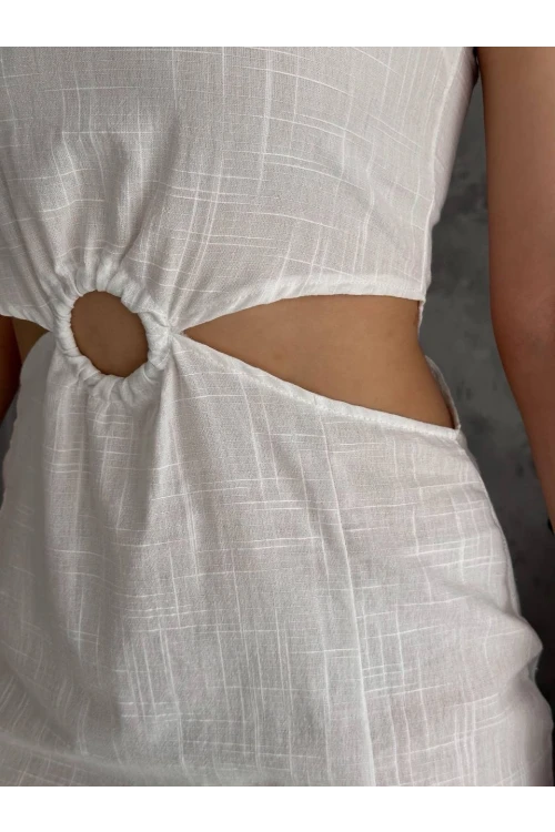 Kadın Beyaz Halkalı Bel  Detaylı Mini Boy İthal Keten Elbise HZL24S-FRY121871