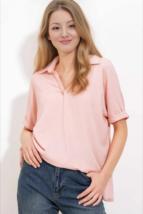 Kadın Pudra Pembe Polo Yaka Geniş Kesim Örme Bluz HZL24S-BD104861