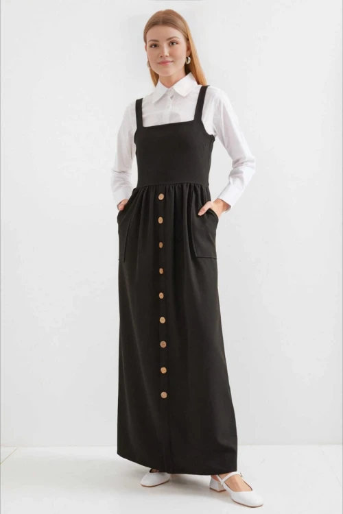 Kadın Siyah Askılı Düğme Detaylı Cepli Kuşaklı Uzun Elbise HZL24S-BD124901