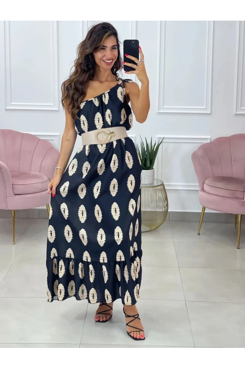 Kadın Siyah Baskılı Omuzdan Bağlamalı Astarsız Uzun Elbise HZL24S-DSB135911