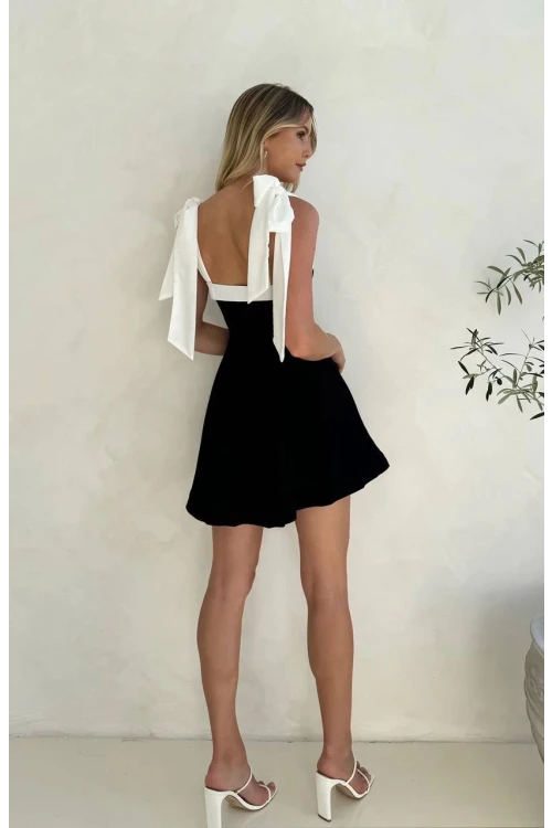 Kadın Siyah Beyaz Detaylı Askı Bağlamalı Mini Elbise HZL24S-FRY122001