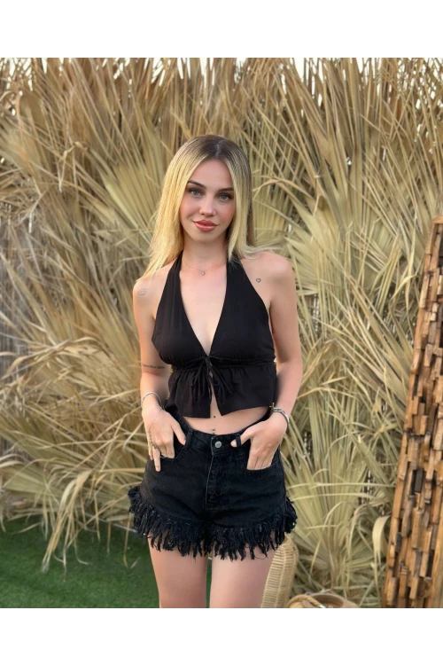 Kadın Siyah Boyundan Bağlamalı Sırtı Açık Keten Bluz HZL24S-ZK11081