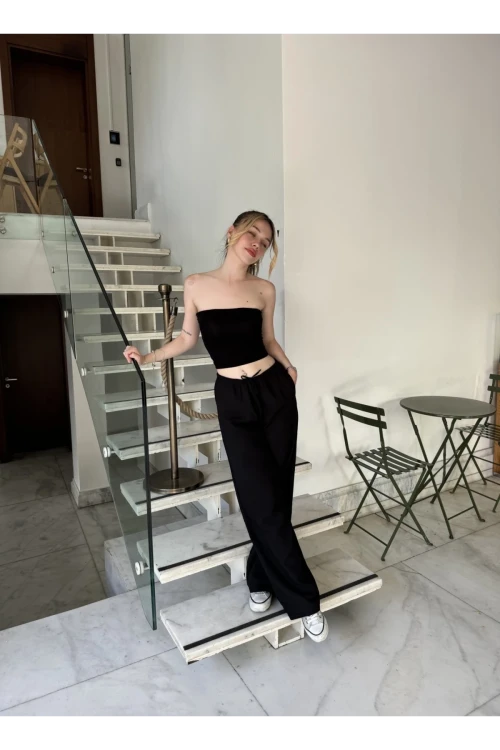 Kadın Siyah Cepli Beli Lastikli Bol Paça Keten Pantolon HZL24S-ZK11051