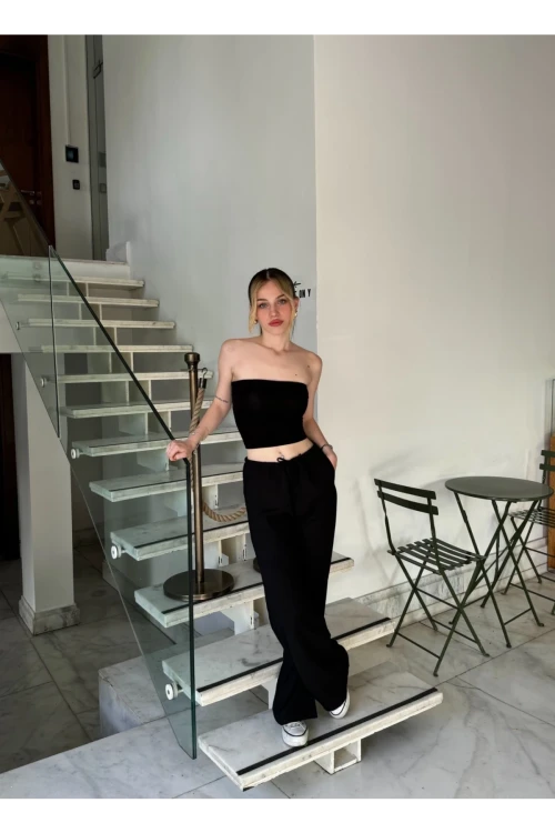 Kadın Siyah Cepli Beli Lastikli Bol Paça Keten Pantolon HZL24S-ZK11051