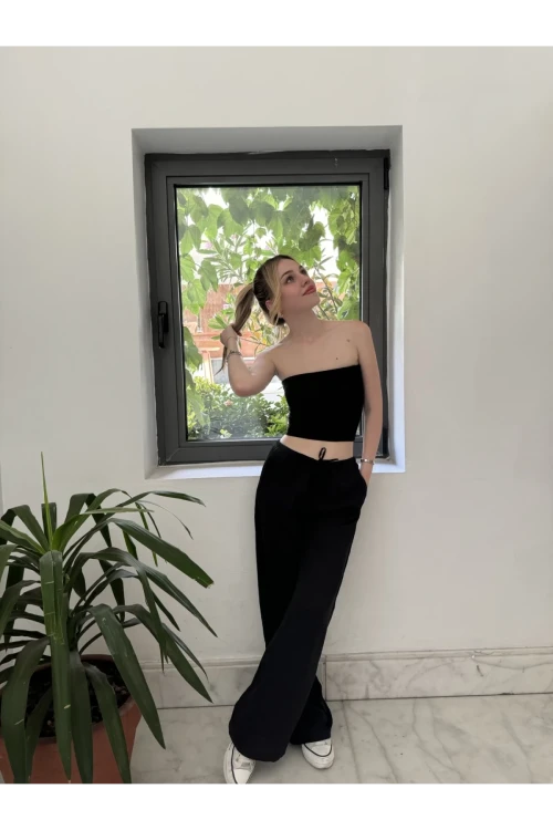 Kadın Siyah Cepli Beli Lastikli Bol Paça Keten Pantolon HZL24S-ZK11051