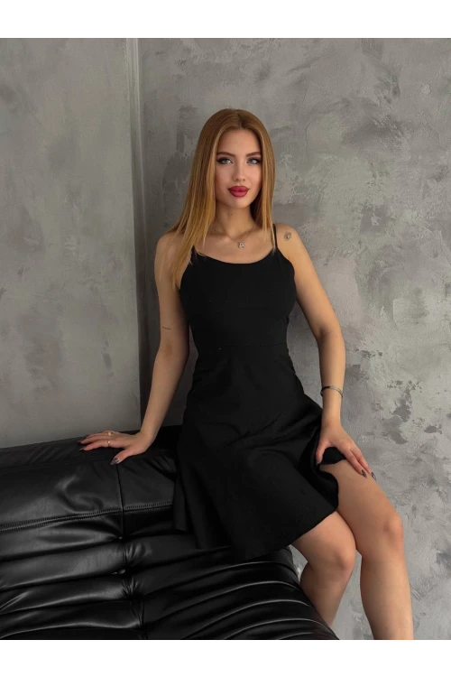 Kadın Siyah İnce Sabit  Askılı Eteği Fırfır Detaylı İthal Keten Mini Elbise HZL24S-FRY121851