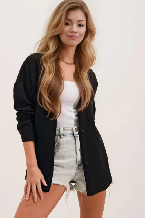 Kadın Siyah Tek Cepli Oversize Keten Ayrobin Gömlek HZL24S-BD1201531