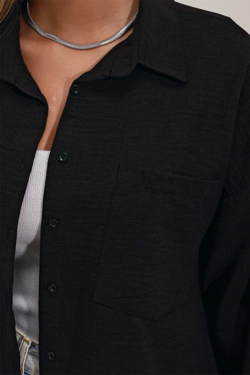 Kadın Siyah Tek Cepli Oversize Keten Ayrobin Gömlek HZL24S-BD1201531