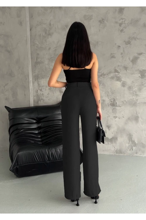 Kadın Siyah Yüksek Bel Bol Paça Cepli İthal Keten Pantolon HZL24S-FRY121821