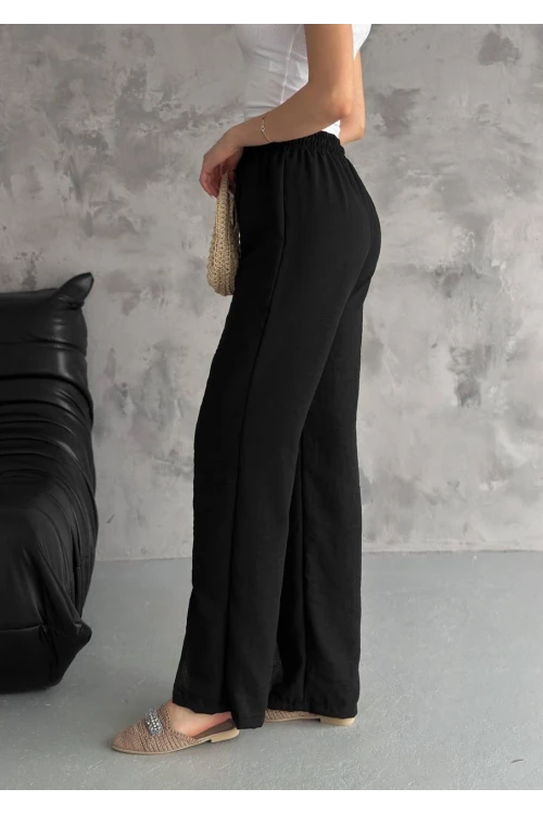 Kadın Siyah Lastikli Bel Yırtmaç Detaylı Cepsiz İthal Keten Astarsız Pantolon HZL24S-FRY121941