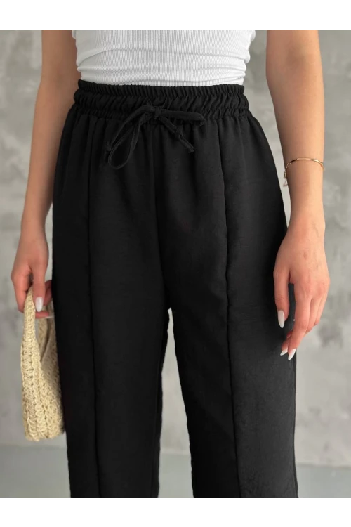 Kadın Siyah Lastikli Bel Yırtmaç Detaylı Cepsiz İthal Keten Astarsız Pantolon HZL24S-FRY121941