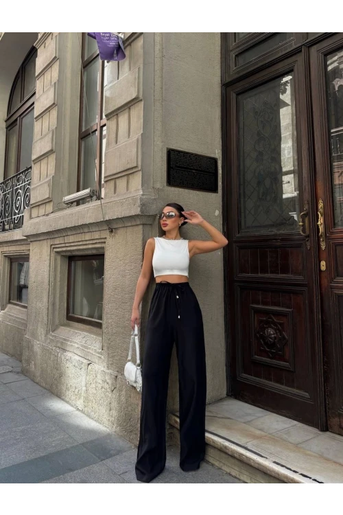 Kadın Siyah Yüksel Bel Lastikli Beli Bağlamalı Cepli Geniş Paça Pantolon HZL24S-VL191151