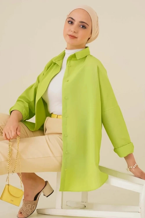 Kadın Tesettür Fıstık Yeşil Geniş Kalıp Uzun Basic Gömlek HZL24W-BD139001