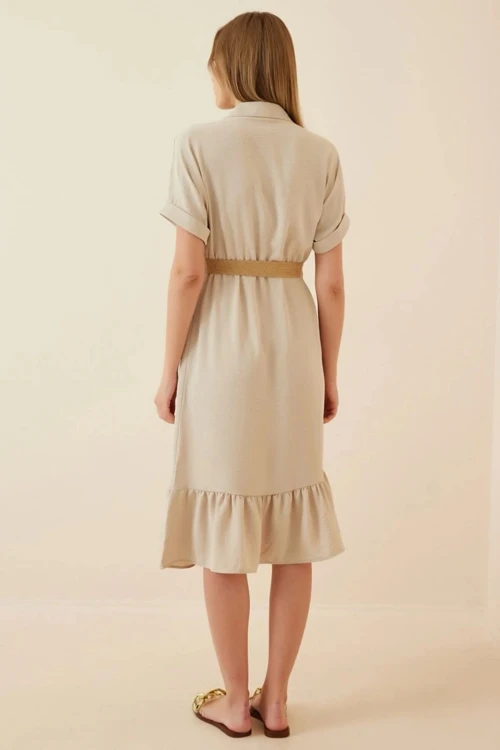 Kadın Vizon Gömlek Yaka Düğmeli  Hasır Kemerli Ayrobin Elbise HZL22S-BD122921