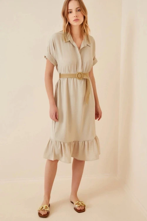 Kadın Vizon Gömlek Yaka Düğmeli  Hasır Kemerli Ayrobin Elbise HZL22S-BD122921