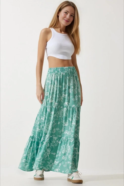 Kadın Yeşil Çiçek Desenli Beli Lastikli Volanlı Uzun Viskon Etek HZL24S-BD180071