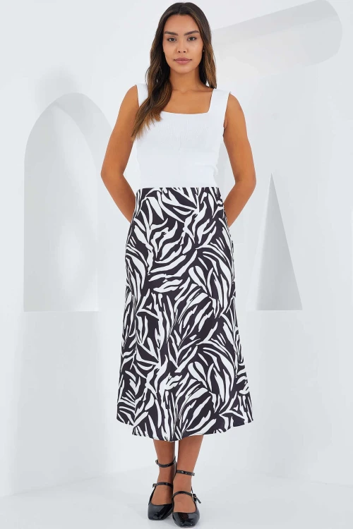 Kadın Zebra Desen Siyah Beyaz Saten Yüzeyli Beli Lastikli Midi Boy Etek Hzl23s-bd1101471