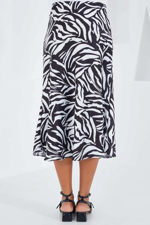 Kadın Zebra Desen Siyah Beyaz Saten Yüzeyli Beli Lastikli Midi Boy Etek Hzl23s-bd1101471