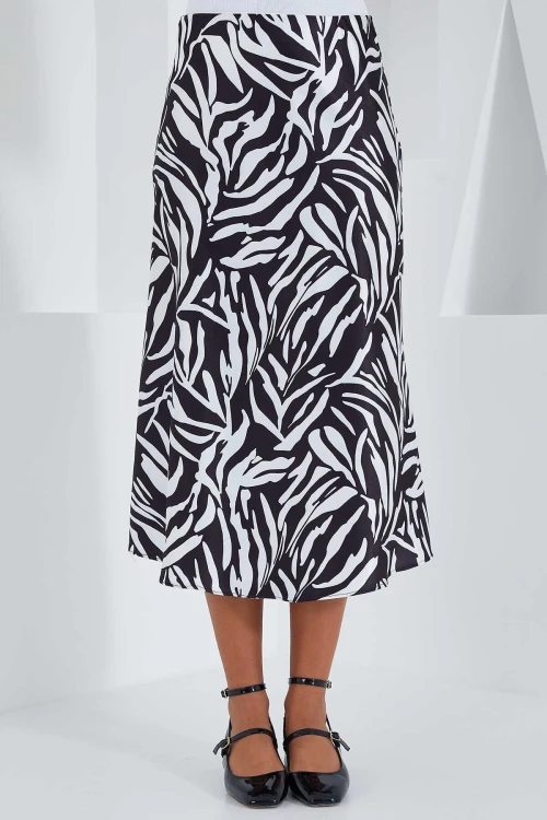 Kadın Zebra Desen Siyah Beyaz Saten Yüzeyli Beli Lastikli Midi Boy Etek Hzl23s-bd1101471