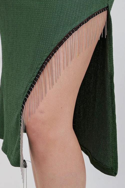 Kadın Zümrüt Yeşili Yırtmaçlı Püskül Taşlı Beli Lastikli Uzun Etek HZL24S-BD118901