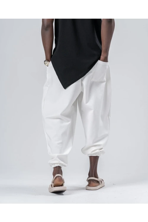 Erkek Beyaz Beli ve Paçası Lastikli Bol Kesim Jogger Eşofman Altı HZL24S-MXC8989-311