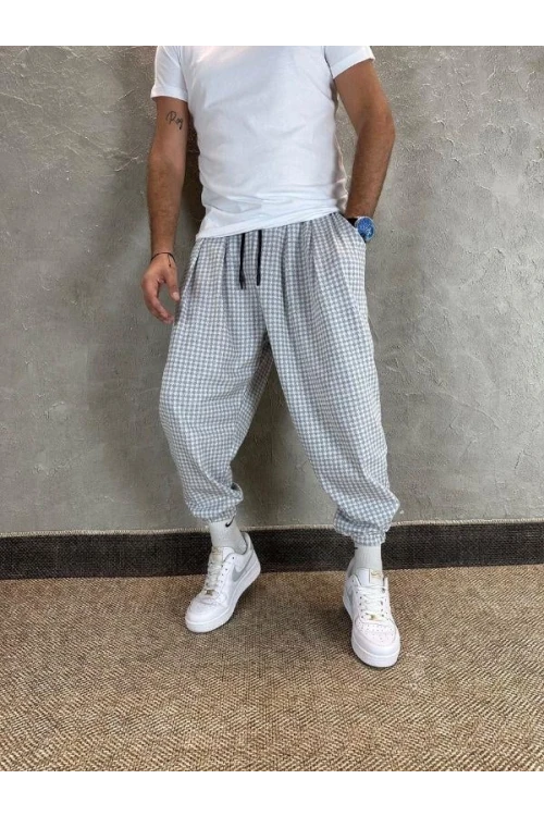 Erkek Ekru Gri etnik desenli Beli ve Paçası Lastikli Eşofman Altı HZL24S-MXC8989-160