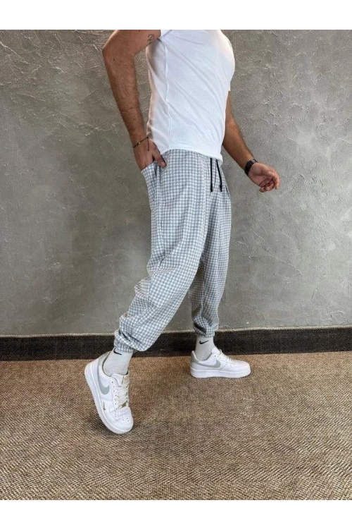 Erkek Ekru Gri etnik desenli Beli ve Paçası Lastikli Eşofman Altı HZL24S-MXC8989-160