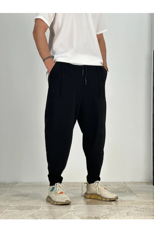 Erkek Siyah Beli İp Bağlamalı Bol Kesim Cepli Pantolon Eşofman Altı HZL24S-MXC9019-25