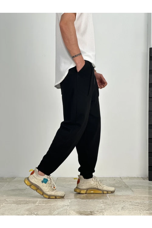 Erkek Siyah Beli İp Bağlamalı Bol Kesim Cepli Pantolon Eşofman Altı HZL24S-MXC9019-25