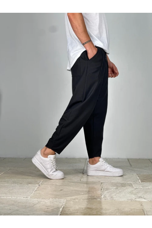 Erkek Siyah Beli İp Bağlamalı Düz Kesim Cepli Pantolon Eşofman Altı HZL24S-MXC8948-29