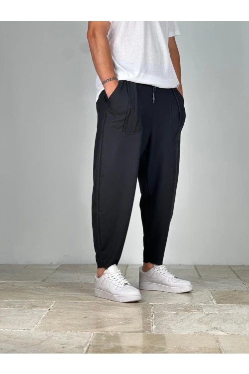 Erkek Siyah Beli İp Bağlamalı Düz Kesim Cepli Pantolon Eşofman Altı HZL24S-MXC8948-29