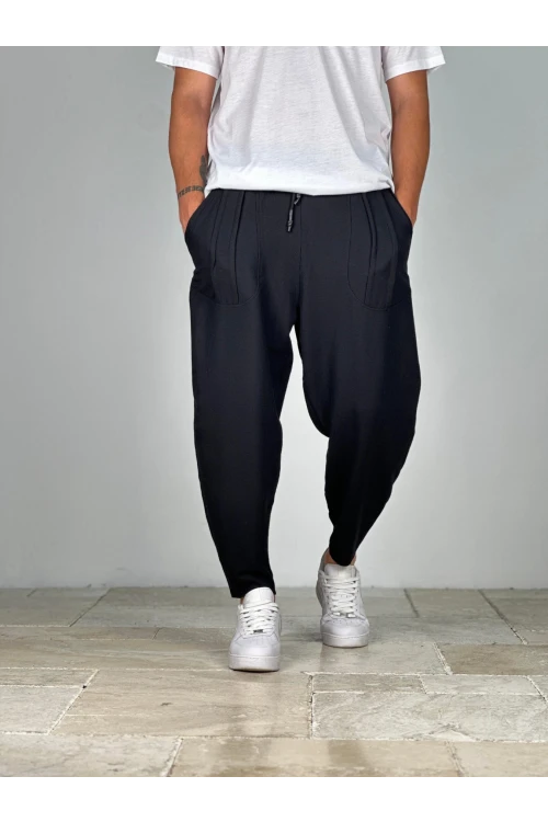 Erkek Siyah Beli İp Bağlamalı Düz Kesim Cepli Pantolon Eşofman Altı HZL24S-MXC8948-29
