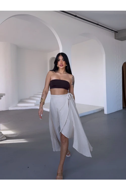 Kadım Bej Belden Bağlamalı Asimetrik Müslin Etek HZL25S-DSB117801