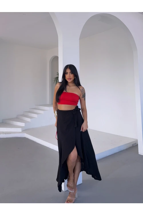 Kadım Siyah Belden Bağlamalı Asimetrik Müslin Etek HZL25S-DSB117801