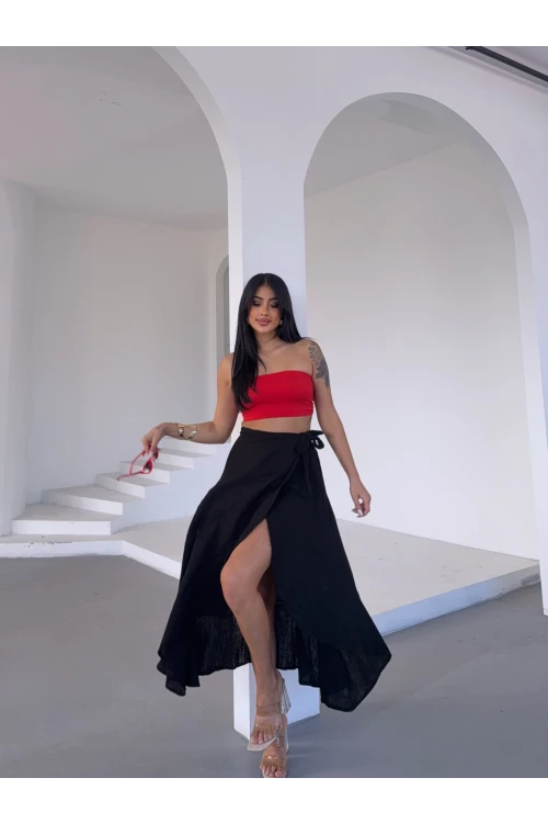 Kadım Siyah Belden Bağlamalı Asimetrik Müslin Etek HZL25S-DSB117801