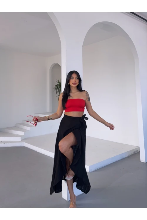 Kadım Siyah Belden Bağlamalı Asimetrik Müslin Etek HZL25S-DSB117801