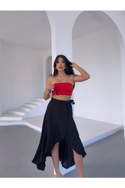 Kadım Siyah Belden Bağlamalı Asimetrik Müslin Etek HZL25S-DSB117801